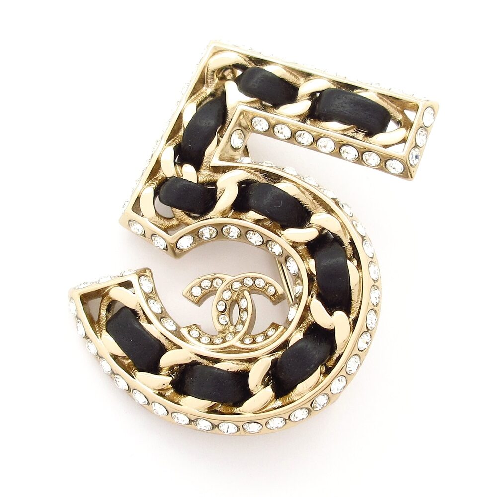 Chanel No. 5 Brooch Gold Black Clear Hardware Leather Rhinestones